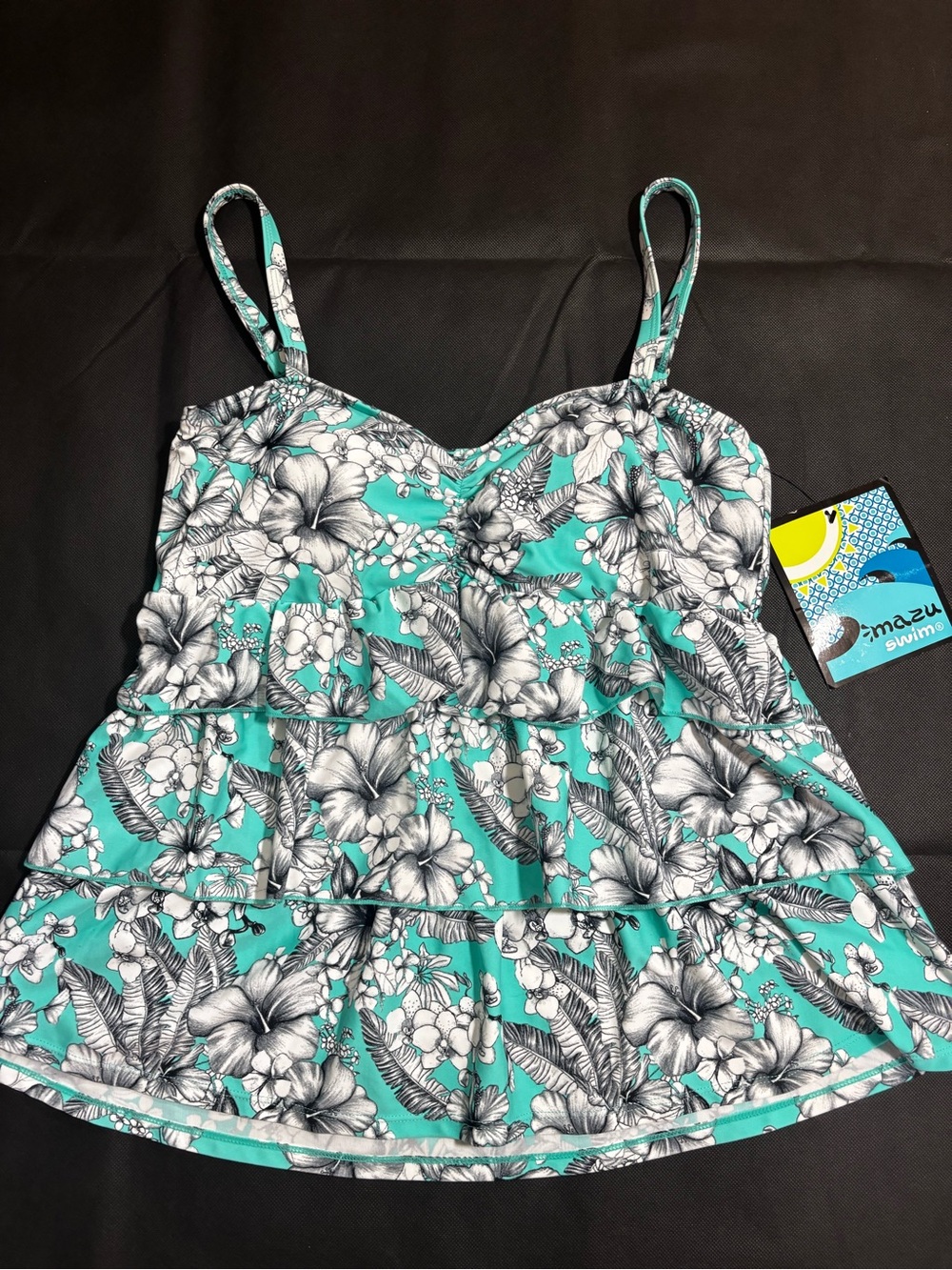 Mazu Swim Tankini Teal Floral NWT Tiered Spaghetti Strap Size 14